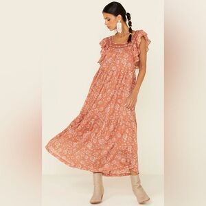 FREE PEOPLE Bonita Floral Print Flutter Sleeve Cotton Midi Dress Rust Copper XS